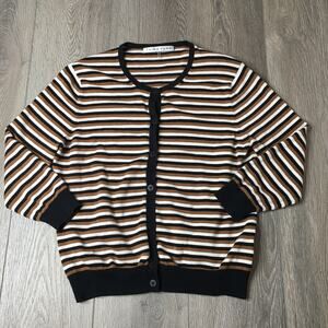 Trina Turk Cardigan Sweater Striped Soft Knit Long Sleeve Brown Black Medium